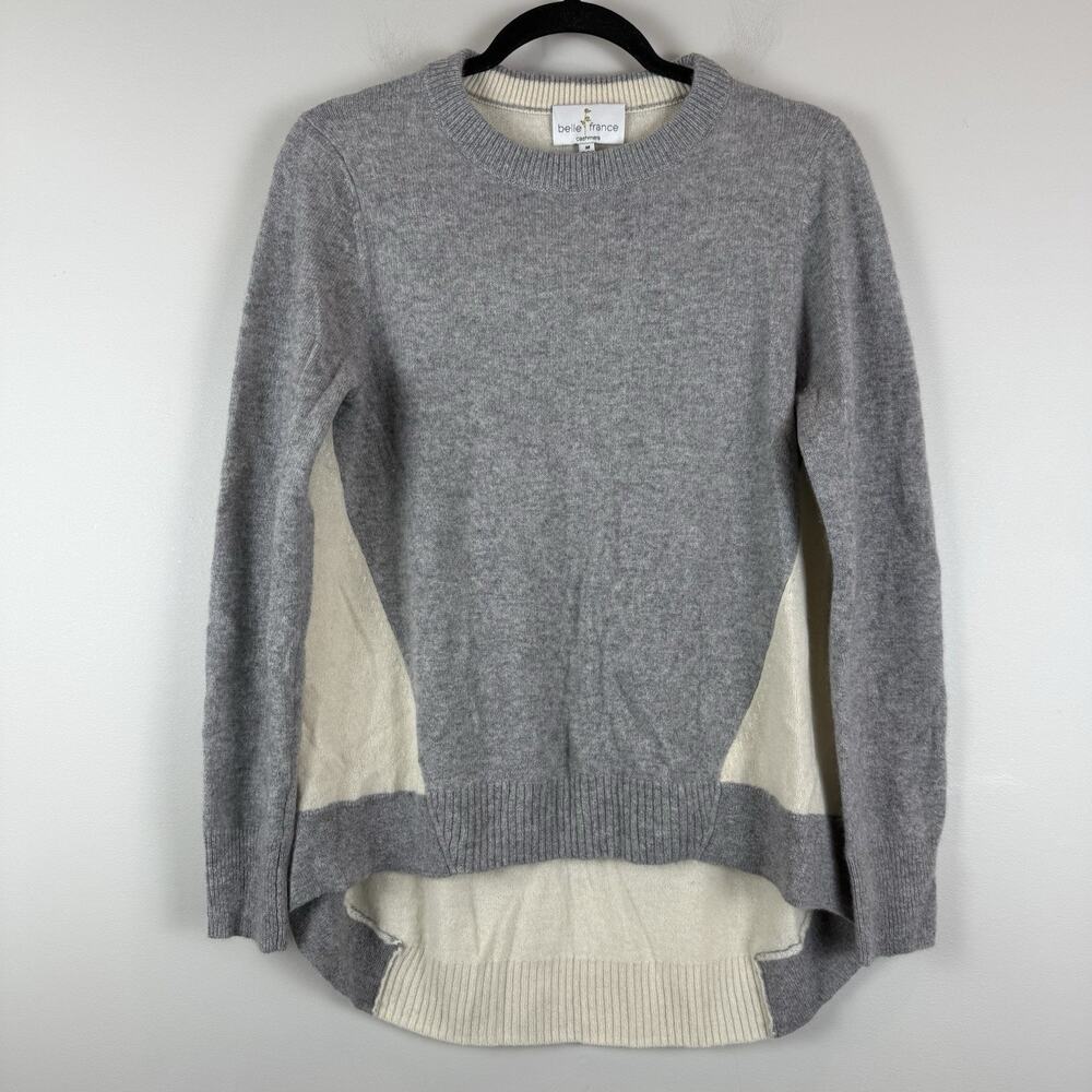 Belle France 100% Cashmere Sweater Women M Gray Cream Tunic Soft Cozy Minimalist